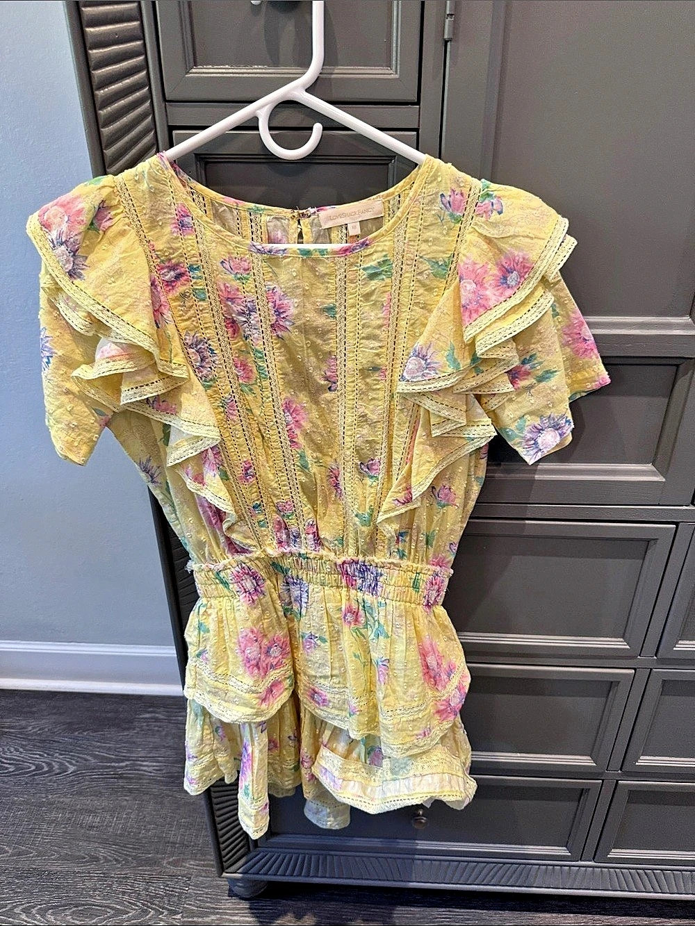 LoveShackFancy Floral Ruffle Mini Dress Yellow XS, Like New